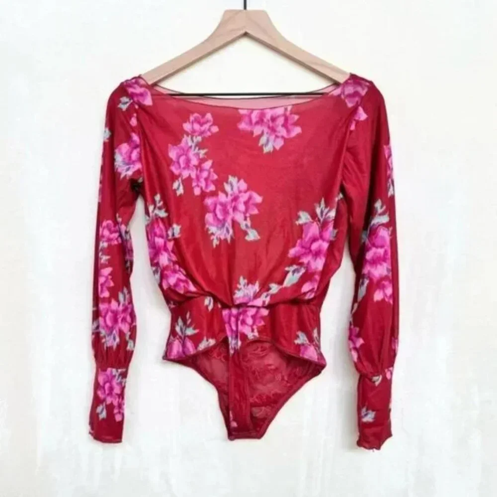 NWOT Free People Intimately Undercover Printed Bodysuit in Cherry Combo